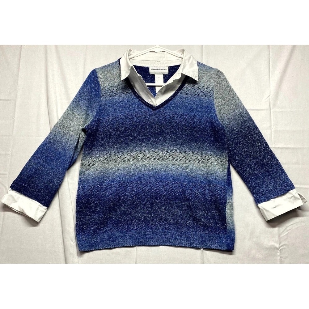 Alfred Dunner Sweater Womens Large Petite Blue White Cotton Long Sleeve Pullover